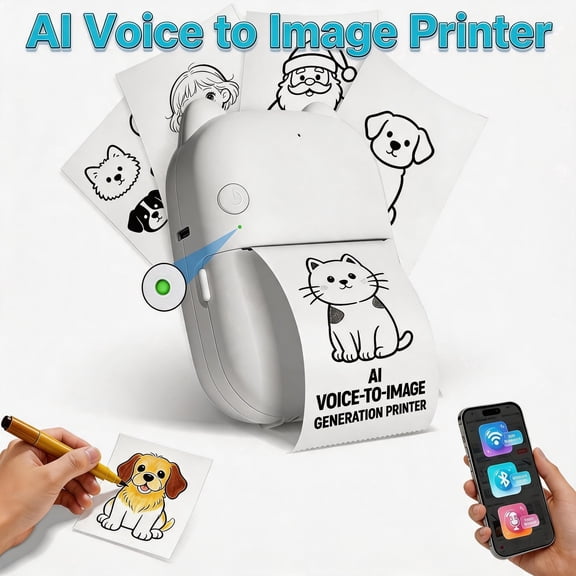 AI Voice-to-Image Printer, Portable Inkless Thermal Printer with AI Image Generation & Voice Q&A, For DIY, Family Creative Time, Stickers, Creative Gift - White