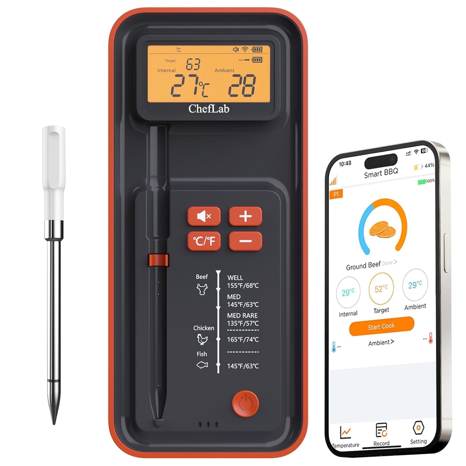 AI Wireless Meat Thermometer, 500ft Bluetooth BBQ Thermometer, Smart Digital Food Thermometer for Grill, Smoker, Oven (Single Probe)