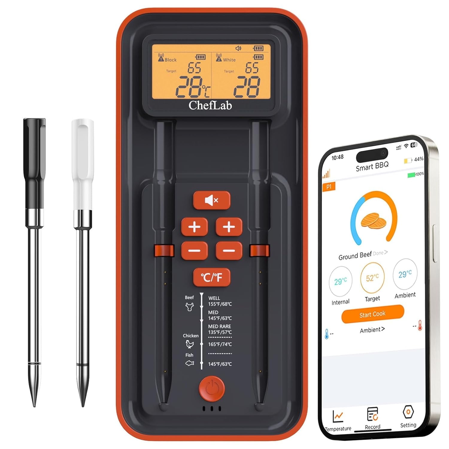 AI Wireless Meat Thermometer, 500ft Bluetooth BBQ Thermometer with Dual Probes, Smart Digital Food Thermometer for Grill, Smoker, Oven (Dual Probe)
