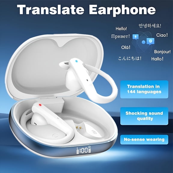 AI Wireless Translation Headset: 144 Languages Real-Time Two-Way Translator with Mic, Lightweight Touch CONTROL for Tech & Business