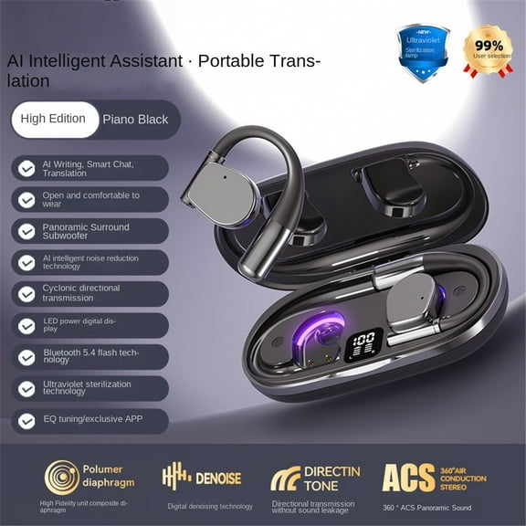 AI intelligent translation headphones multi-functional long-endurance ear-mounted noise-cancelling wireless Bluetooth headphones,Black