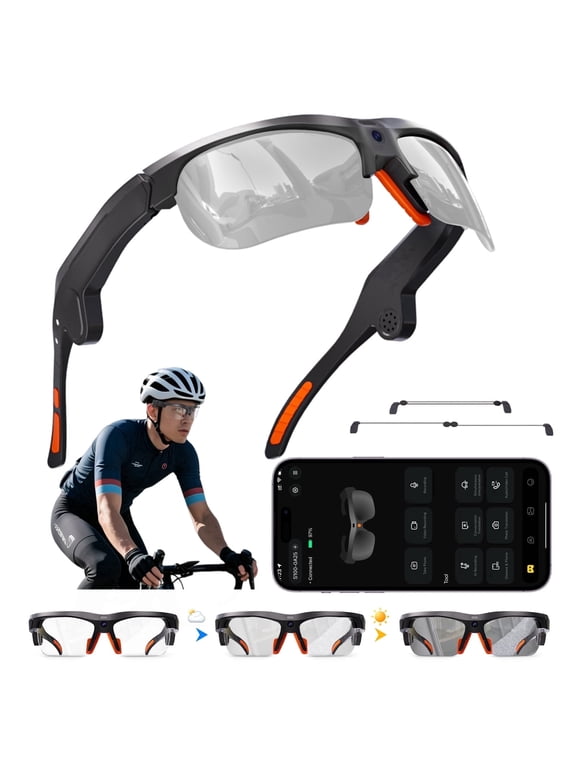 Smart Glasses with Camera, Open-Ear Bluetooth Audio, Photochromic Lenses, TR90 Frame, Black