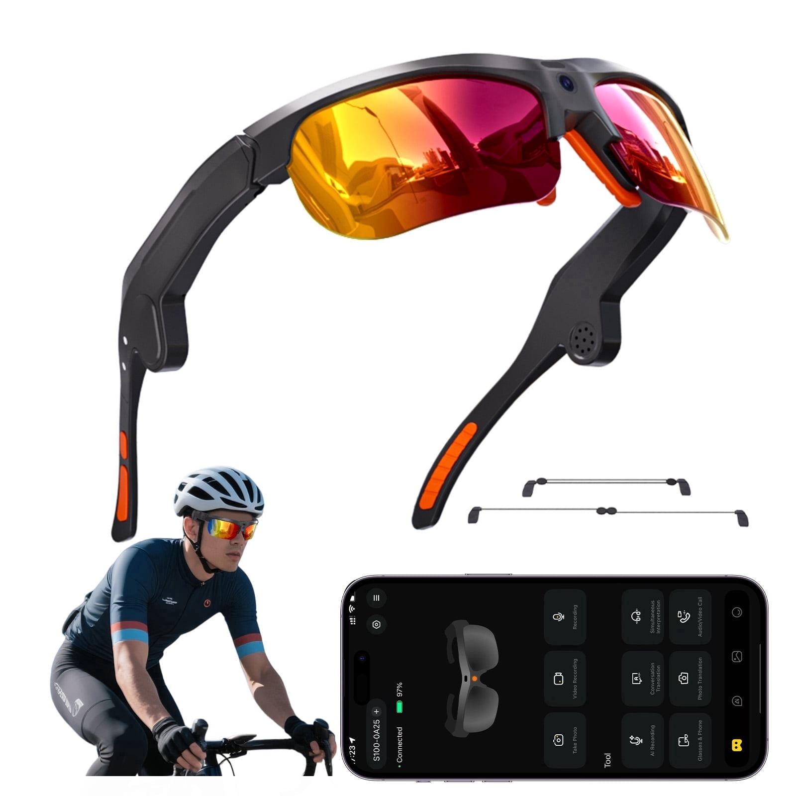 AI Smart Sports Glasses – 20MP Camera, EIS Video, Open-Ear Audio, Real-Time Translation, Photochromic UV400 Lenses for Cycling & Hiking, Purple