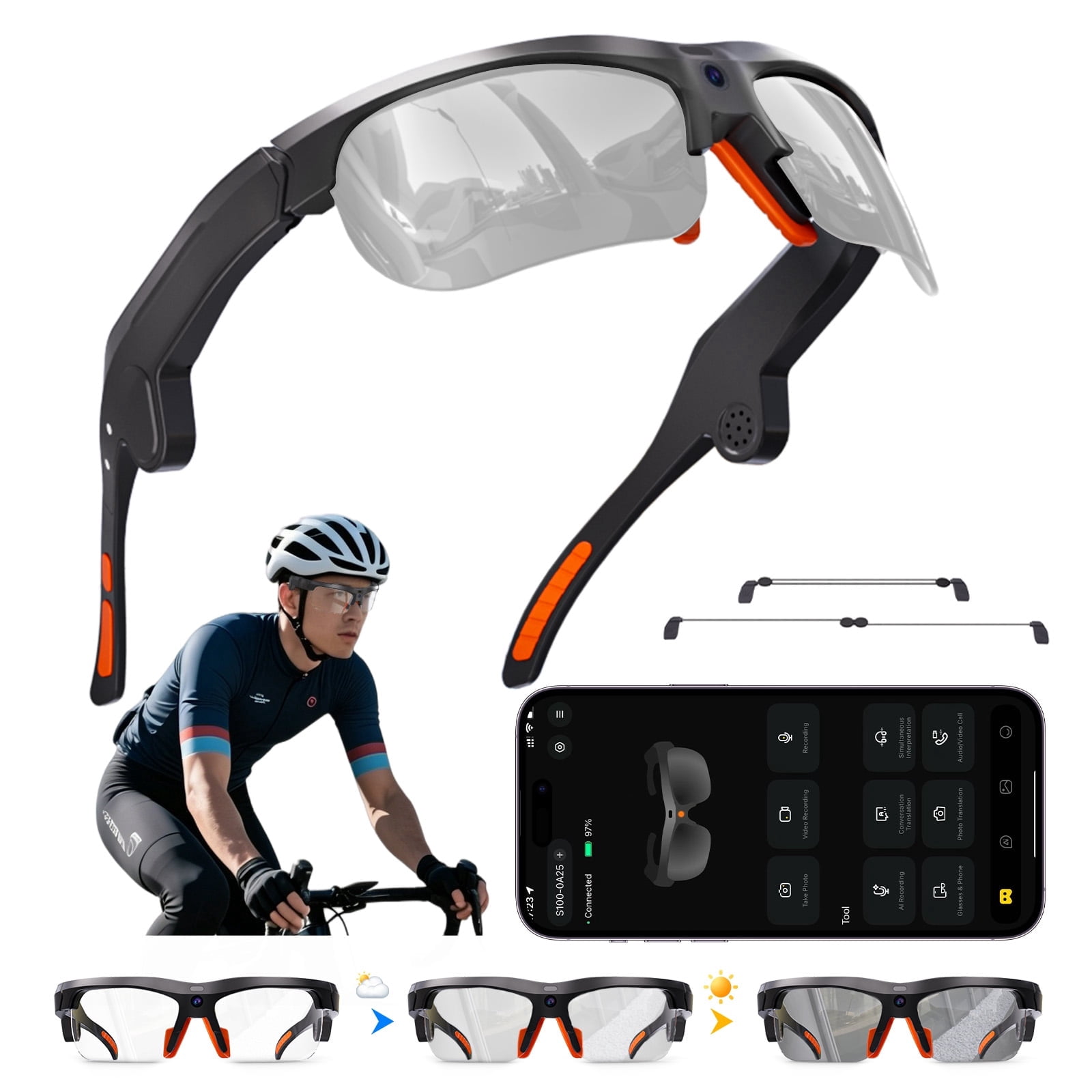 AI Smart Sports Sunglasses with 20MP Camera, Open-Ear Audio, Real-Time Translation, EIS Stabilization, Photochromic UV400 Lenses for Cycling, Hiking & Outdoor Activities, Black
