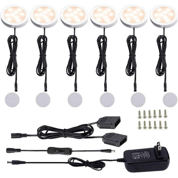 AIBOO 12V LED Under Cabinet Lights Kit 6 Pack Black Cord Aluminum Puck Lamps for Kitchen Counter Closet Lighting with Manual on/Off Switch 12W (2700K Warm White)