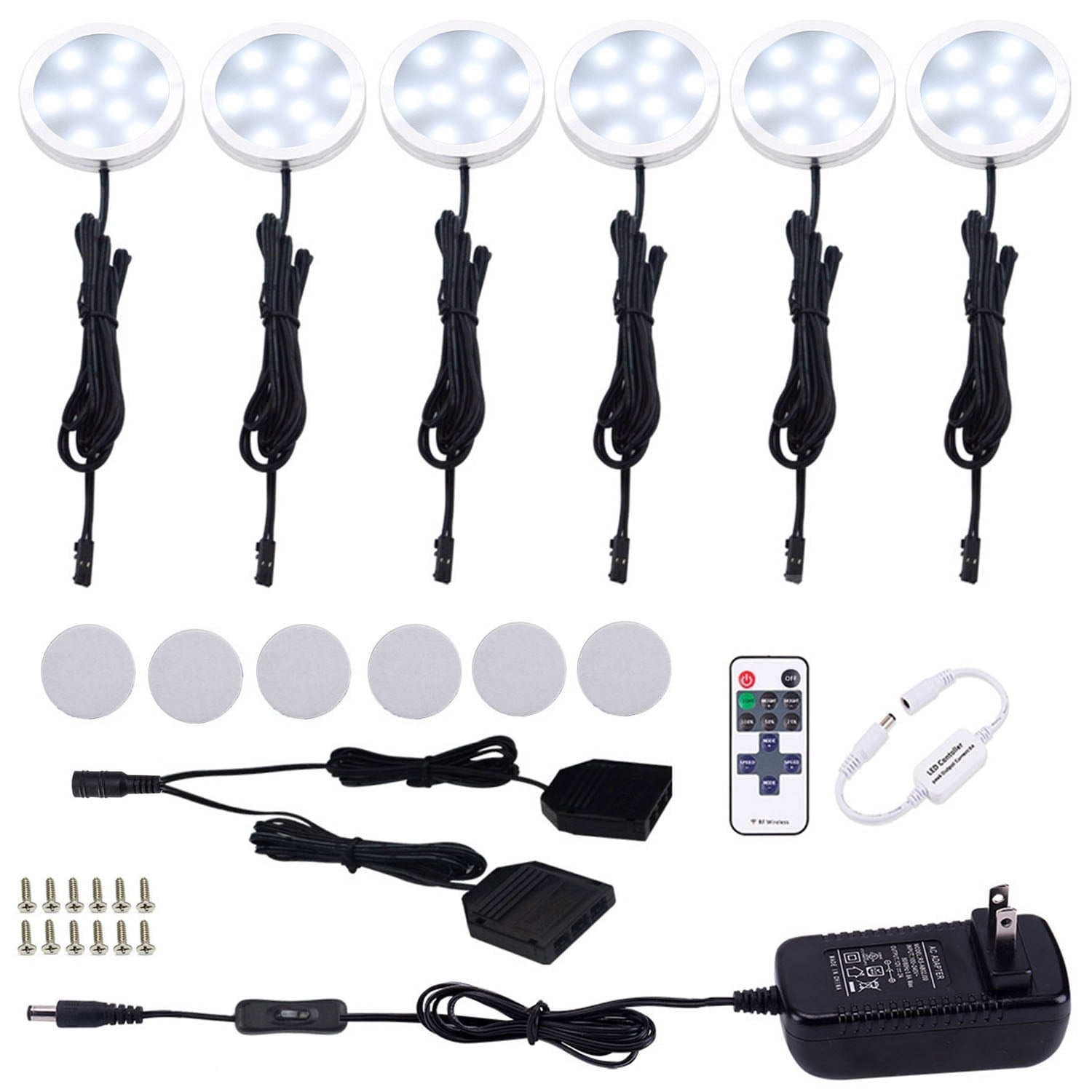 LED Under Cabinet Puck Lights Kit - 6 Pack Dimmable 12W Aluminum Lights with Black Cord and Wireless RF Remote Control (6000K Daylight White) for Kitchen Counter and Closet Lighting