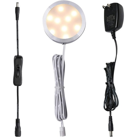 AIBOO 12V LED Under Cabinet Puck Lights Plug in, with Manual Switch, Single Light for Closet,Counter,Showcase,12Vdc Low Voltage Wall (Warm White)