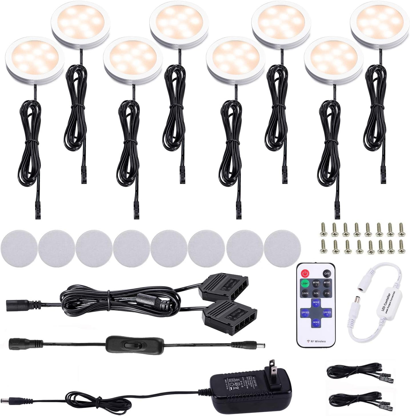 Warm White Aluminum LED Puck Lights with RF Remote, 8-Pack