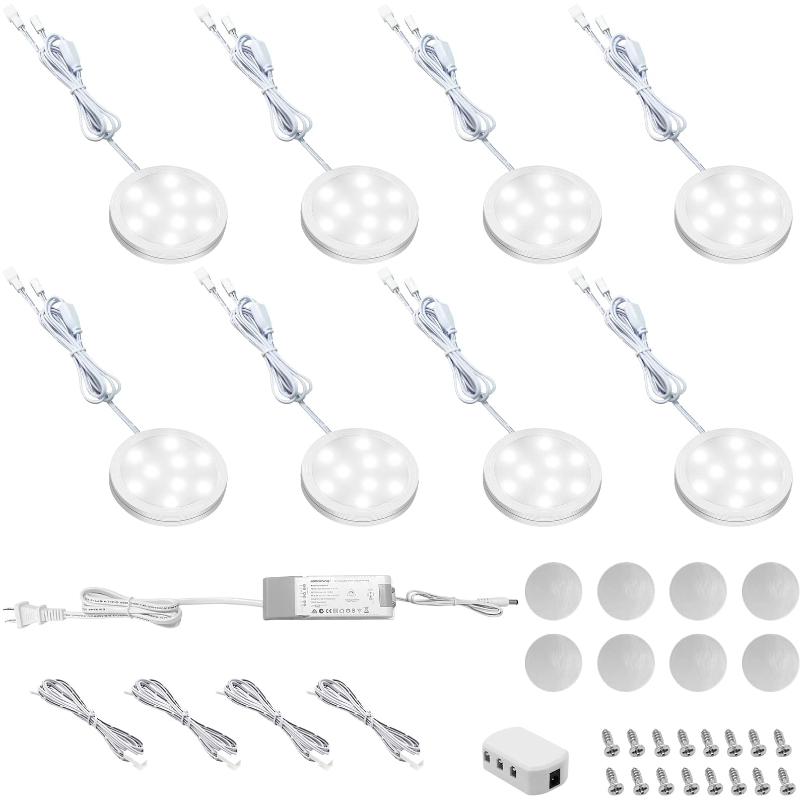 Linkable LED Puck Lights for Under Cabinet Lighting - 8 Pack of Dimmable 12V Daylight White 6000K Lights, Plug-in/Hardwired with LED Driver, Compatible with Most Dimmer Switches