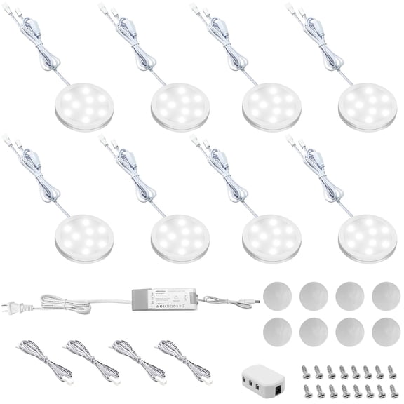 Linkable LED Puck Lights for Under Cabinet Lighting - 8 Pack Triac Dimmable 12V Daylight White 6000K Lights, Plug-in/Hardwired with LED Driver, Compatible with Most Dimmer Switches