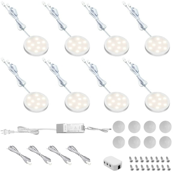Linkable LED Puck Lights for Under Cabinet Lighting - 8 Pack of Dimmable 12V Natural White 4000K Lights, Plug-in/Hardwired with LED Driver, Compatible with Most Dimmer Switches