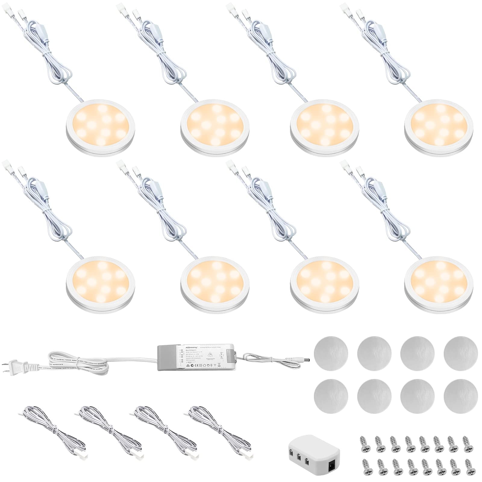 Linkable LED Puck Lights for Under Cabinet Lighting - 8 Pack of Dimmable 12V Warm White 2700K Lights, Plug-in/Hardwired with LED Driver, Compatible with Most Dimmer Switches