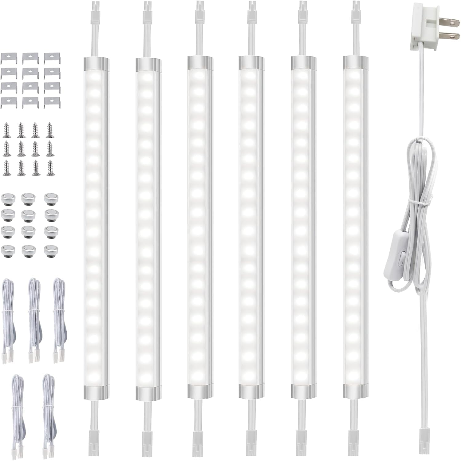 Dimmable 12-Inch Under Cabinet Lighting - 6 Pack Linkable LED Lights for Kitchen, Closet, Workbench, Desk, Cupboard, and Garage - 120V Plug-in & Hardwired, Cold White 6000K