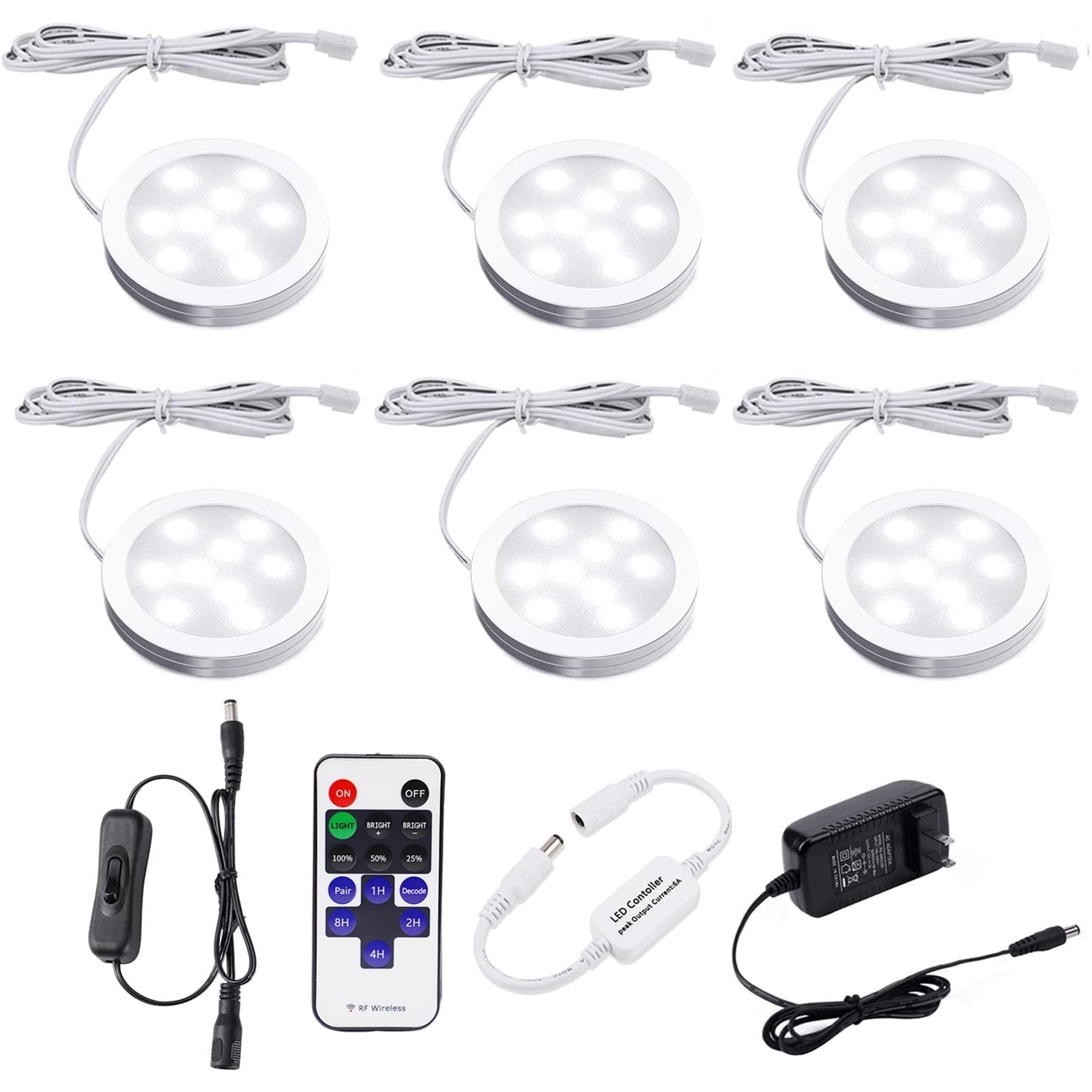 AIBOO Dimmable LED Under Cabinet Lighting, Counter Showcase Kitchen Lighting Fixtures with 12V Plug in adapter and Dimmable Wireless Remote Control, 6 Ultra Slim Puck Lights Kit