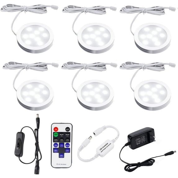 AIBOO Dimmable LED Under Cabinet Lighting, Counter Showcase Kitchen Lighting Fixtures with 12V Plug in adapter and Dimmable Wireless Remote Control, 6 Ultra Slim Puck Lights Kit