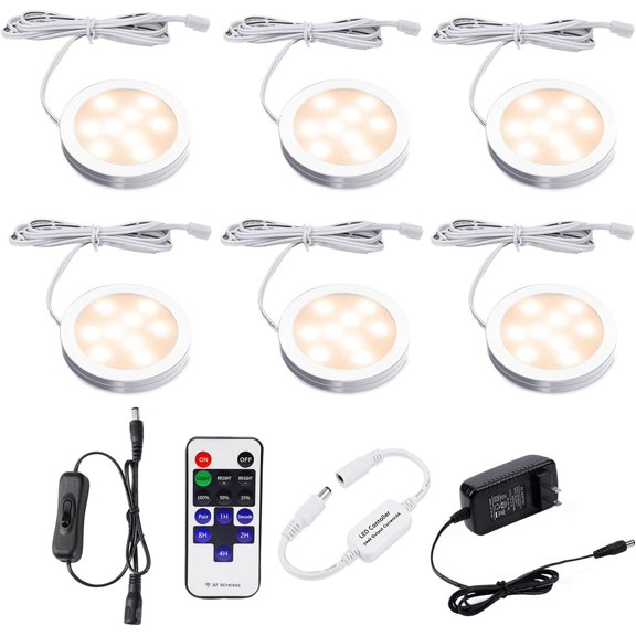 AIBOO Dimmable LED Under Cabinet Lighting, Counter Showcase Kitchen Lighting Fixtures with 12V Plug in adapter and Wireless Remote Control, 6 Ultra Slim Puck Lights Kit (Warm White)