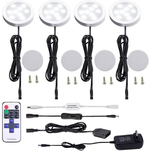 LED Under Cabinet Lighting Kit with 4 Puck Lights - Dimmable Wireless RF Remote Control for Kitchen Counter Accent Lighting - Daylight White(6000K))