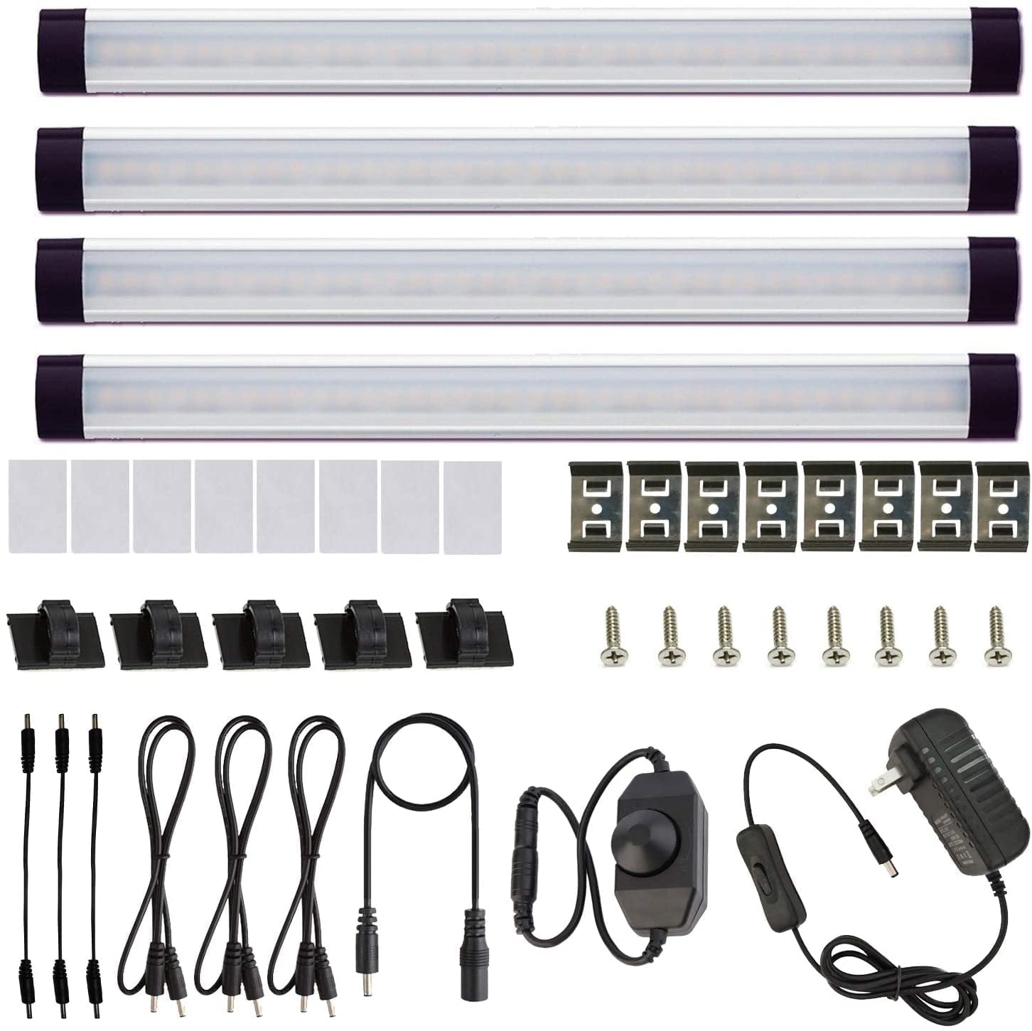 Dimmable LED Under Cabinet Lighting Kit - 4 Panel Warm White Strip Lights with Rocker Switch & Plug Adapter, Direct Wire 12V