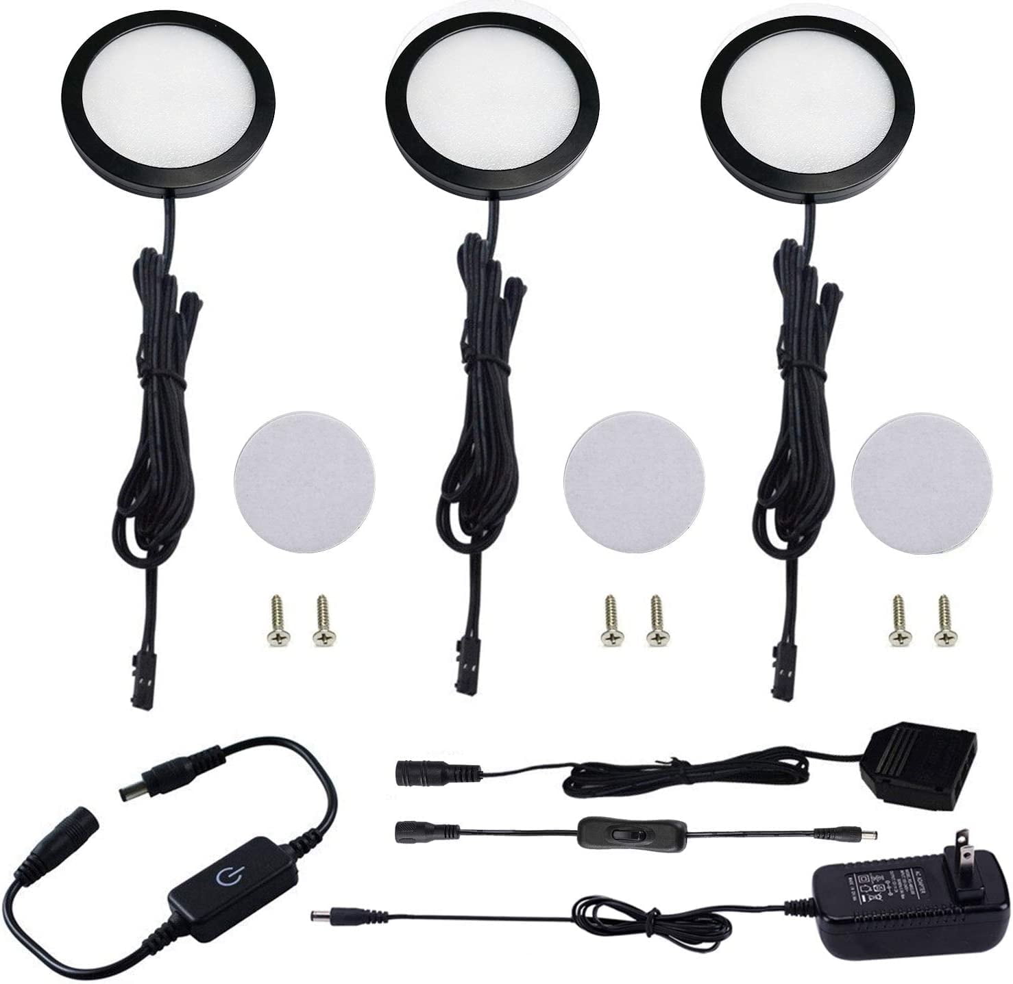 Under Cabinet LED Puck Lighting Kit with Touch Dimmer Switch for Kitchen Cupboard and Closet - Warm White, Black Cover, Set of Three Lights