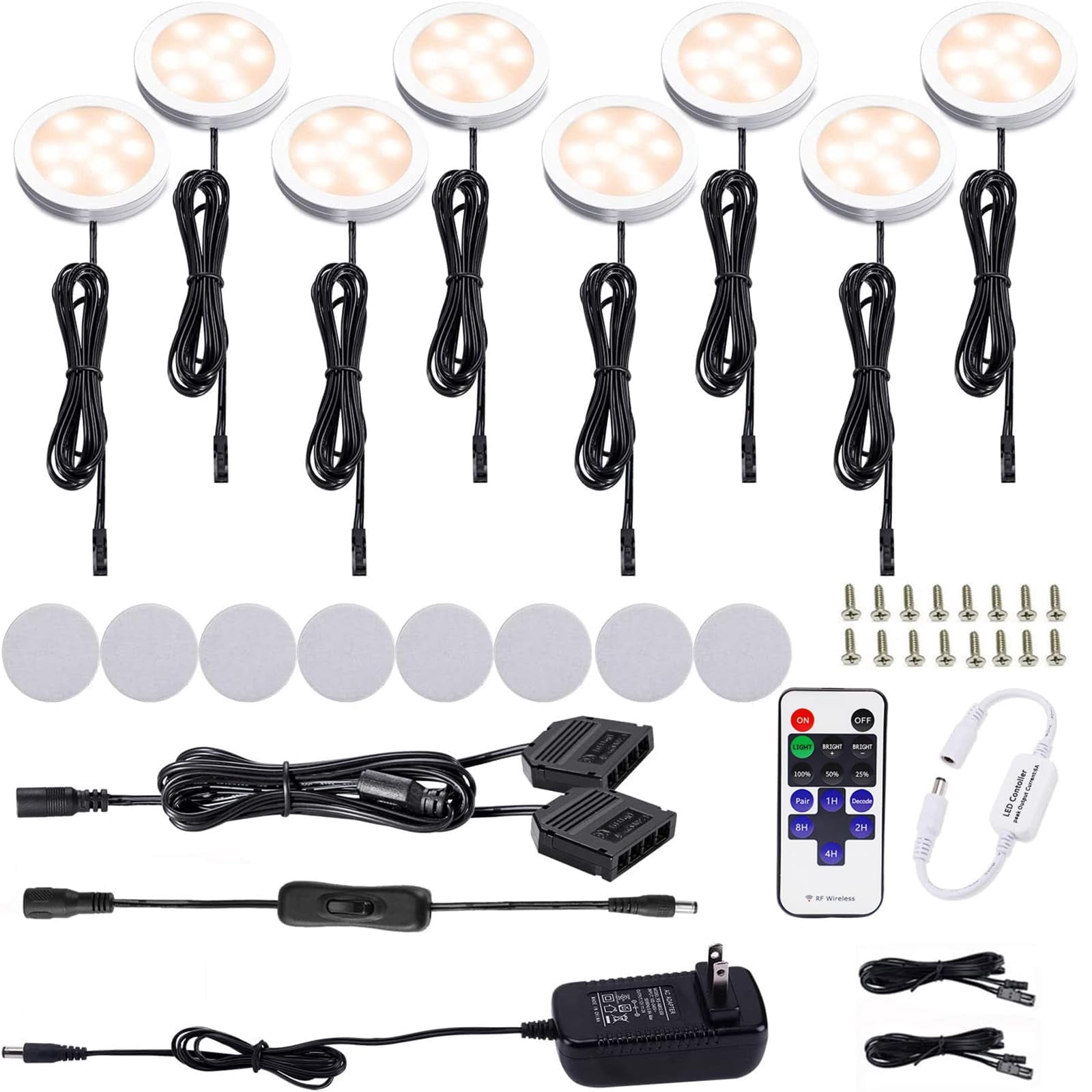 AIBOO LED Under Cabinet Puck Lights, 8 Pack Dimmable 12V with RF Remote, Warm White