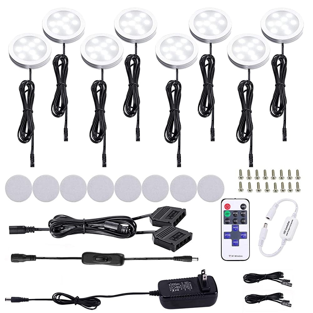AIBOO LED Under Cabinet Puck Lights, 8 Pack Dimmable 12V with RF Remote, Day White