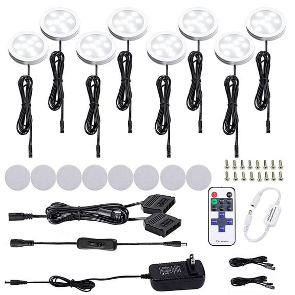 AIBOO LED Under Cabinet Puck Lights, 8 Pack Dimmable 12V with RF Remote, Day White