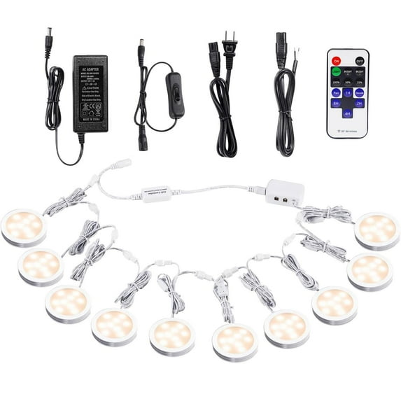 Dimmable Linkable Under Cabinet LED Puck Lights - 10 Warm White Lights with Wireless RF Remote Control, Hardwired & Wall Plug-in Options for Furniture and Cupboard Lighting