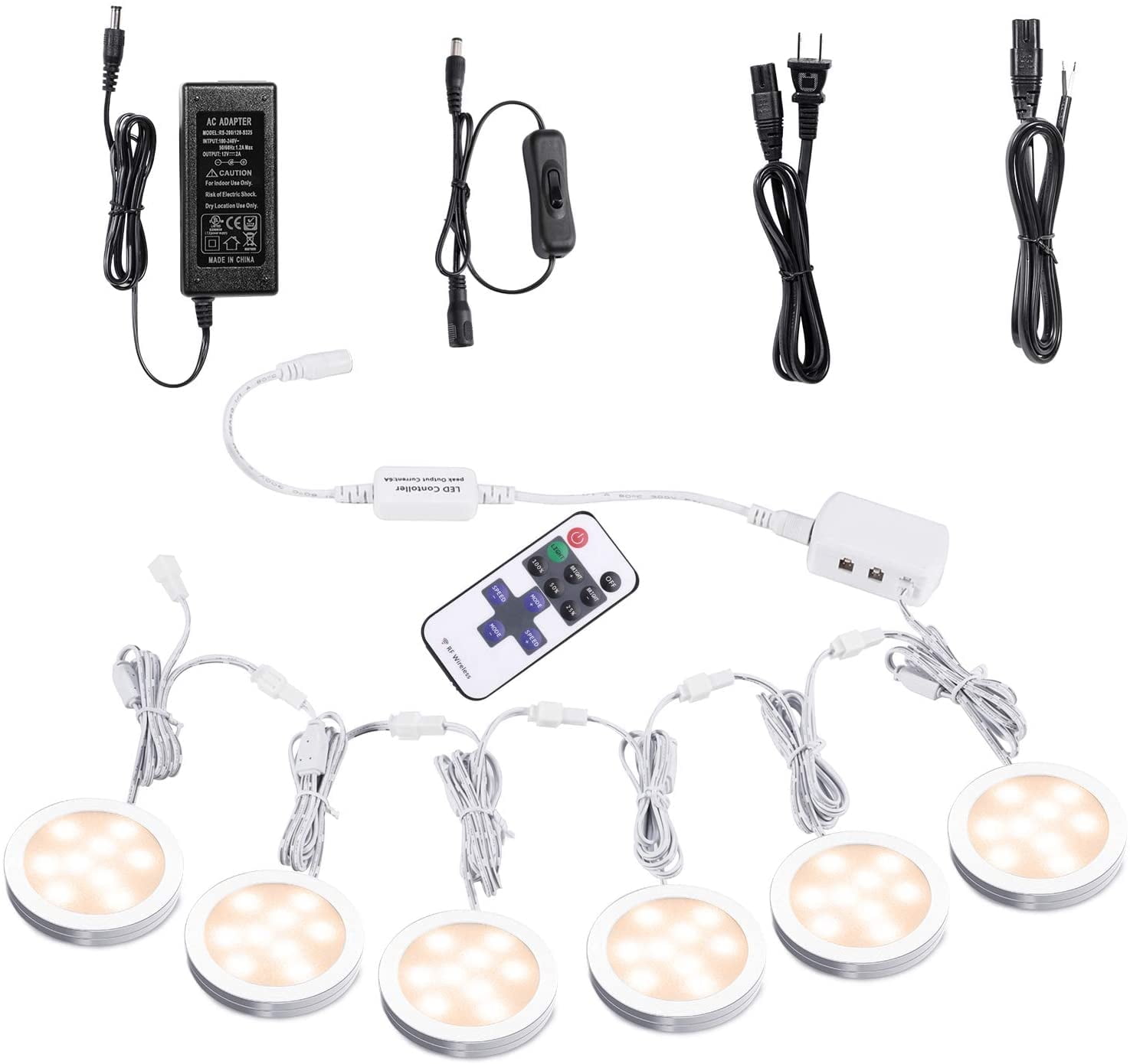 Linkable Dimmable Under Cabinet LED Puck Lights - 12V with Wireless RF Remote Control, Hardwired & Plug-in Options for Counter Lighting (6 Lights, Warm White)