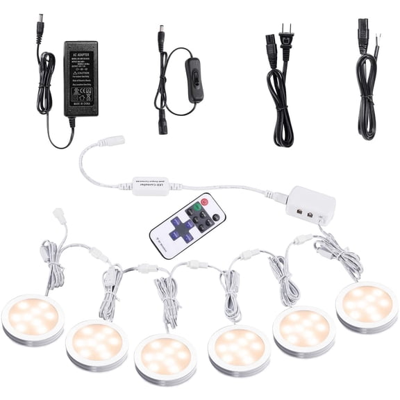 Linkable Dimmable Under Cabinet LED Puck Lights - 12V with Wireless RF Remote Control, Hardwired & Plug-in Options for Counter Lighting (6 Lights, Warm White)