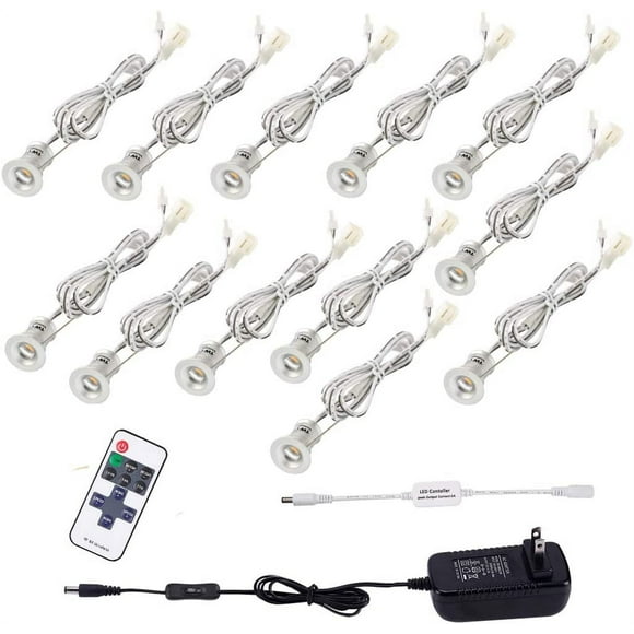 Linkable LED Under Cabinet Lighting 12V Recessed Mini Downlights Spotlights Dimmable with Remote Control & ETL Listed Wall Plug for Cupboard Accent Lighting(Warm White,12 Lights)