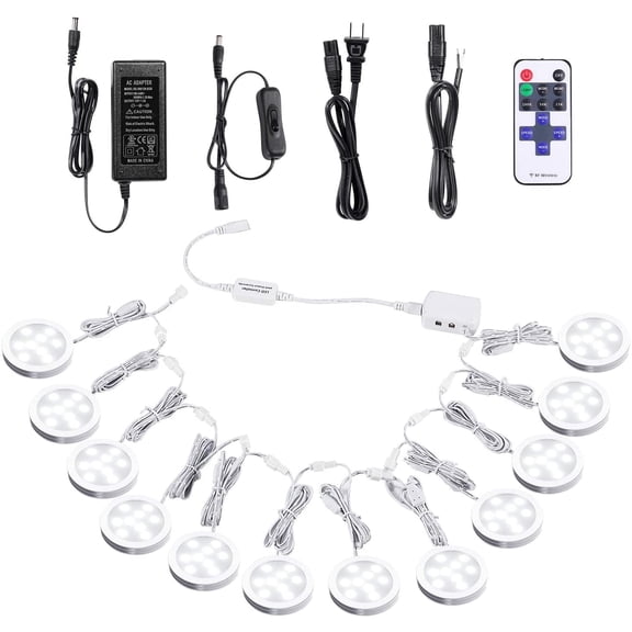 Linkable Under Cabinet LED Puck Lights - 12V Dimmable with Wireless RF Remote Control, Hardwired & Wall Plug-in for Kitchen Mood Lighting - Daylight White, 12 Light Kit