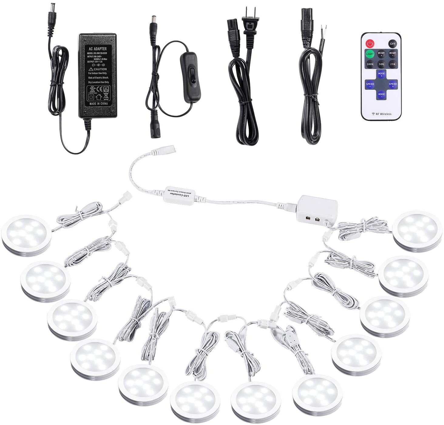 Linkable Under Cabinet LED Puck Lights - 12V Dimmable with Wireless RF Remote Control, Hardwired & Wall Plug-in for Kitchen Mood Lighting - Daylight White, 12 Light Kit