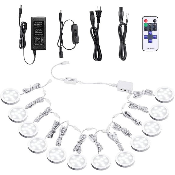 Linkable Under Cabinet LED Puck Lights - 12V Dimmable with Wireless RF Remote Control, Hardwired & Wall Plug-in for Kitchen Mood Lighting - Daylight White, 12 Light Kit