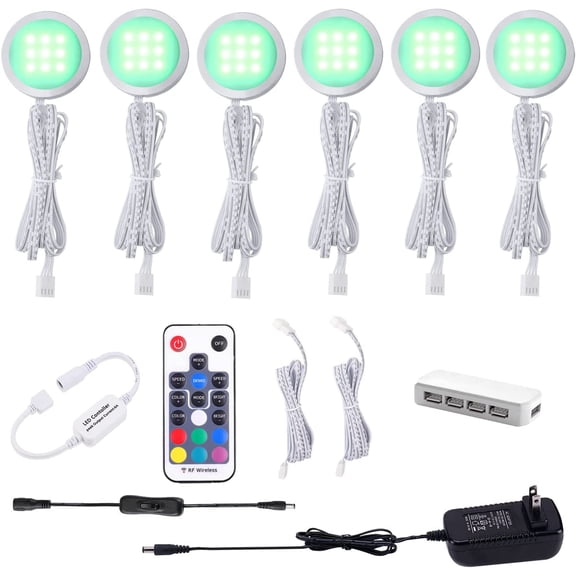 AIBOO RGB Color Changing LED Under Cabinet Lights Kit Aluminum Slim Puck Lamps for Kitchen Counter Wardrobe Furniture Ambiance Christmas Decor Lighting (6 Lights)