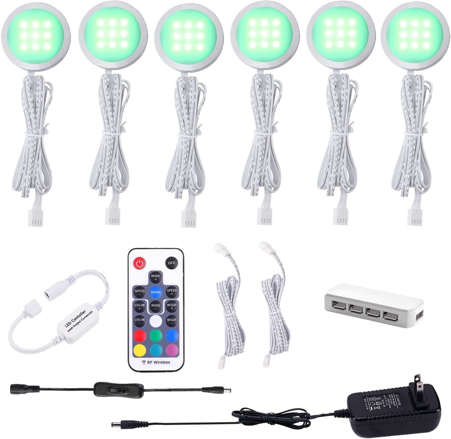 Aiboo RGB Dimmable LED Under Cabinet Lights Kit with Wireless Remote, 6 Lights for Kitchen Counter Ambiance