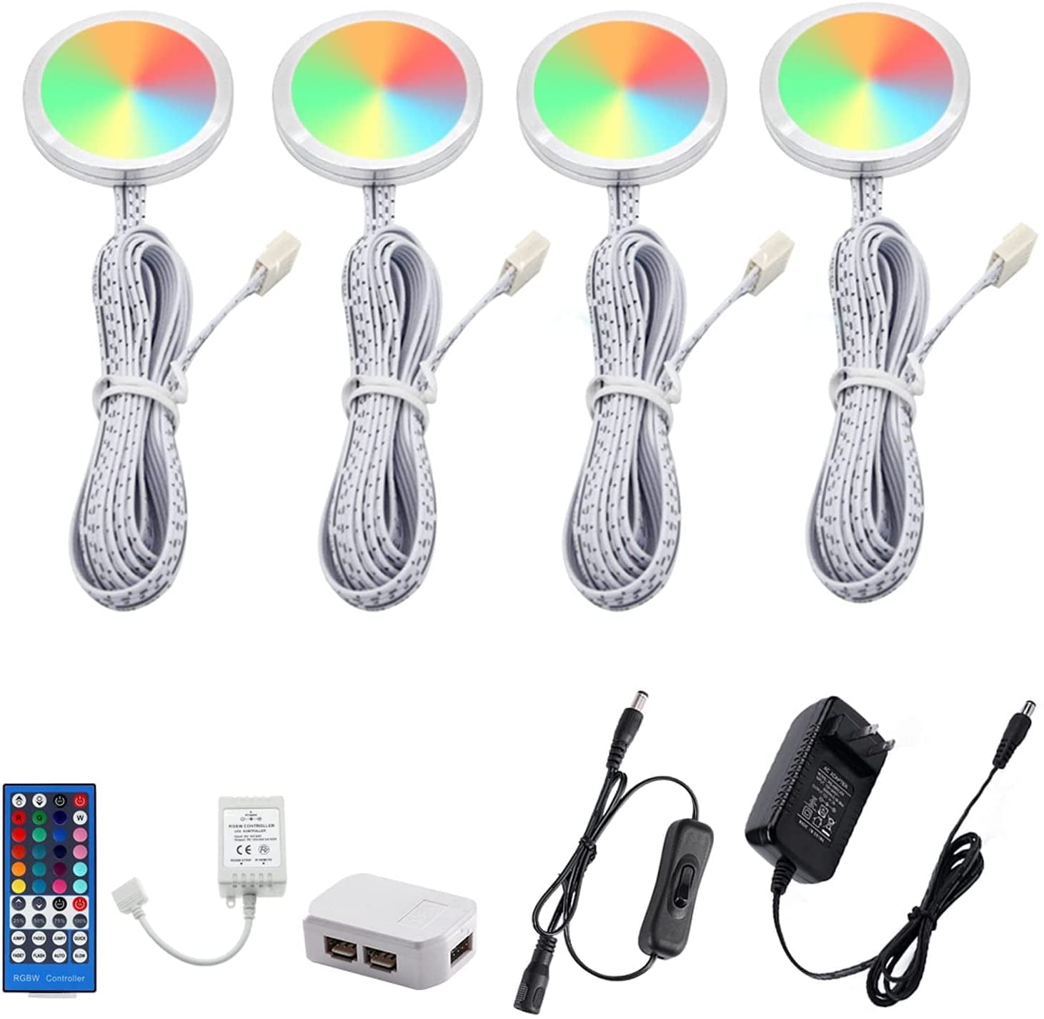 RGBWW Color Changing LED Puck Lights Kit - 4 Under Cabinet Lights with IR Remote for Kitchen Counter, Shelf & Furniture Ambiance Lighting (12W)