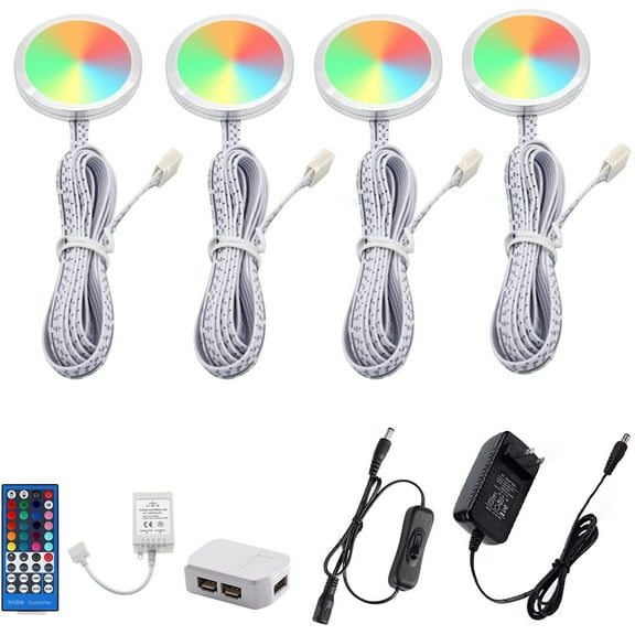 RGBWW Color Changing LED Puck Lights Kit - 4 Under Cabinet Lights with IR Remote for Kitchen Counter, Shelf & Furniture Ambiance Lighting (12W)