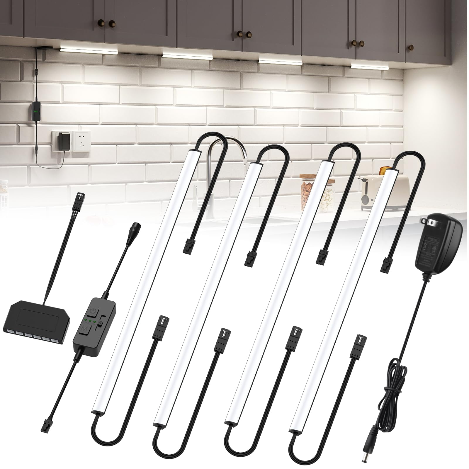 Under Cabinet Lighting Kit - 4 Bars, 12W, CCT 2700-6000K, Slider Dimmer, Timer, Plug-in for Kitchen, Gun Safe, Curio Cabinet, Bookshelf