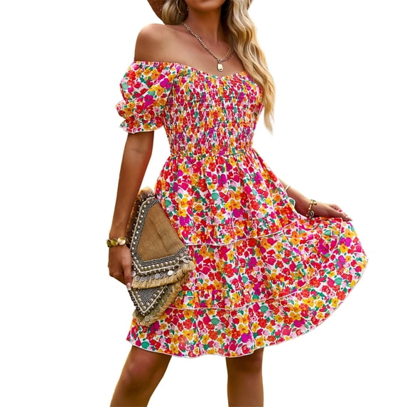 AICARE Summer Casual Dresses for Women Floral Pattern Ruffle Short Sleeve A Line Flowy Mini Dress