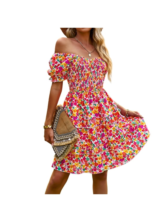 Summer Casual Dresses for Women Floral Pattern Ruffle Short Sleeve A Line Flowy Mini Dress