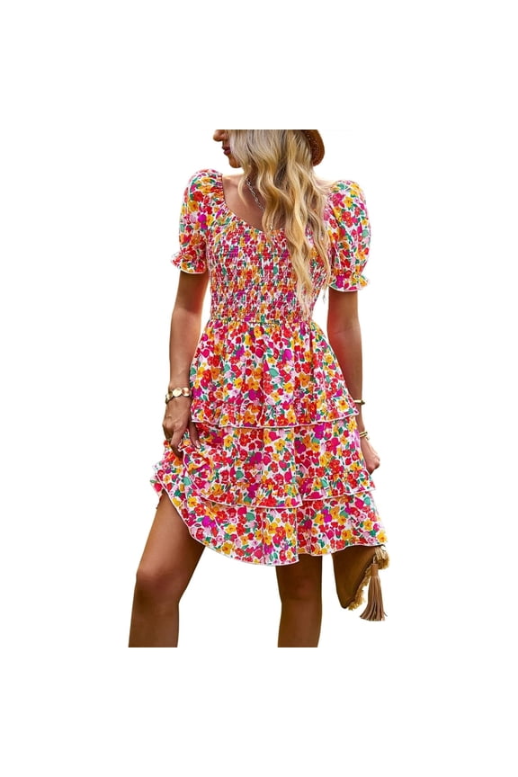 Summer Casual Dresses for Women Floral Pattern Ruffle Short Sleeve A Line Flowy Mini Dress