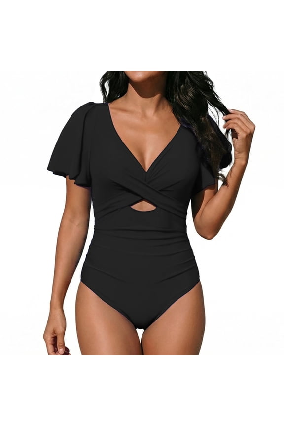 Women's One Piece Swimsuit Tummy Control High Waisted Bathing Suit with Ruffled Sleeves V-Neck Ruched Cutout Back Buckle