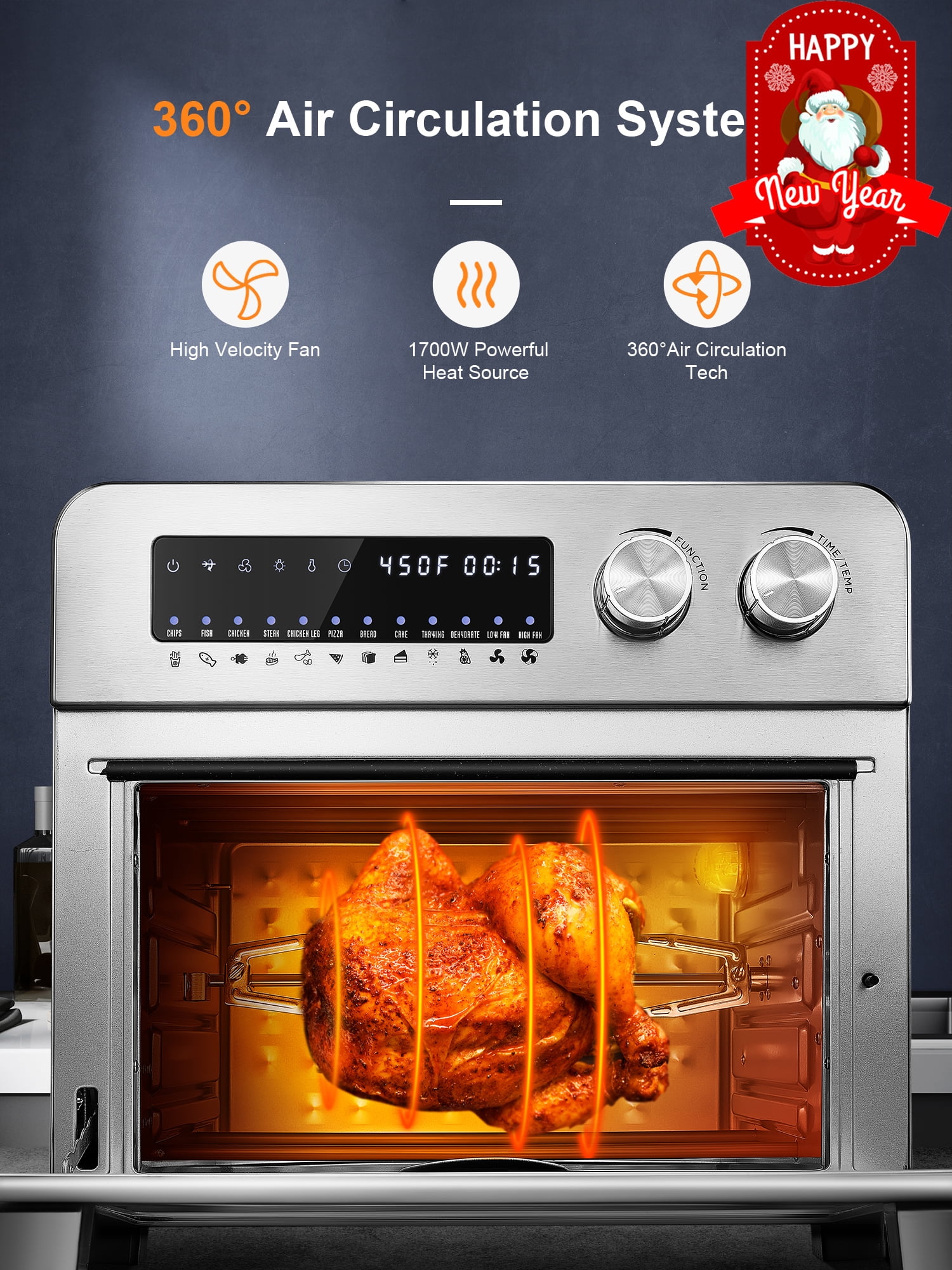 AICOOK 24 Quart 12 in 1 Large Capacity Air Fryer Oven 1700w Large Digital Led Screen Convection Oven Extra Oven Gloves And 100 Recipes Included