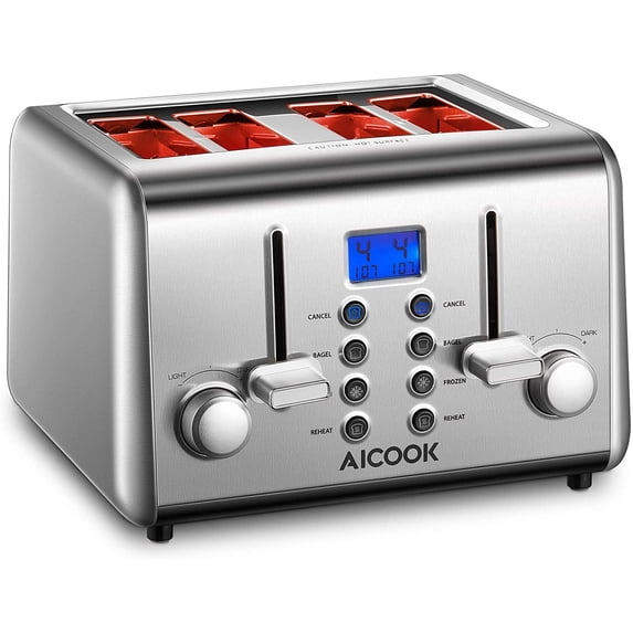 AICOOK Toaster 4 Slice with LCD Display, Extra Wide Slots, Retro Stainless Steel, Silver