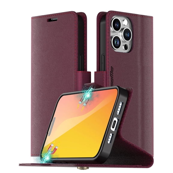 AICase Compatible With iPhone 15 Pro Max 6.7 inch Case Leather Wallet Flip Shockproof Heavy Duty Folio Cover,Rose Red