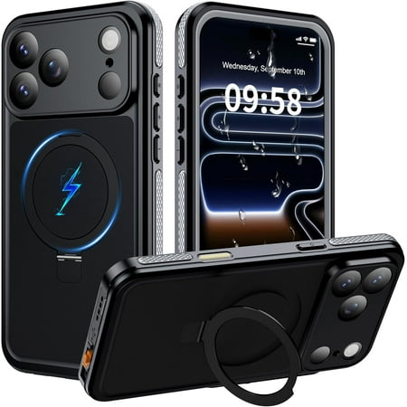 AICase Magnetic for iPhone 17 Pro Case Waterproof, Built in Screen Protector [Compatible with MagSafe] [Invisible Stand] [IP68 Underwater], Full Body Protection Phone Case 6.3'', Black