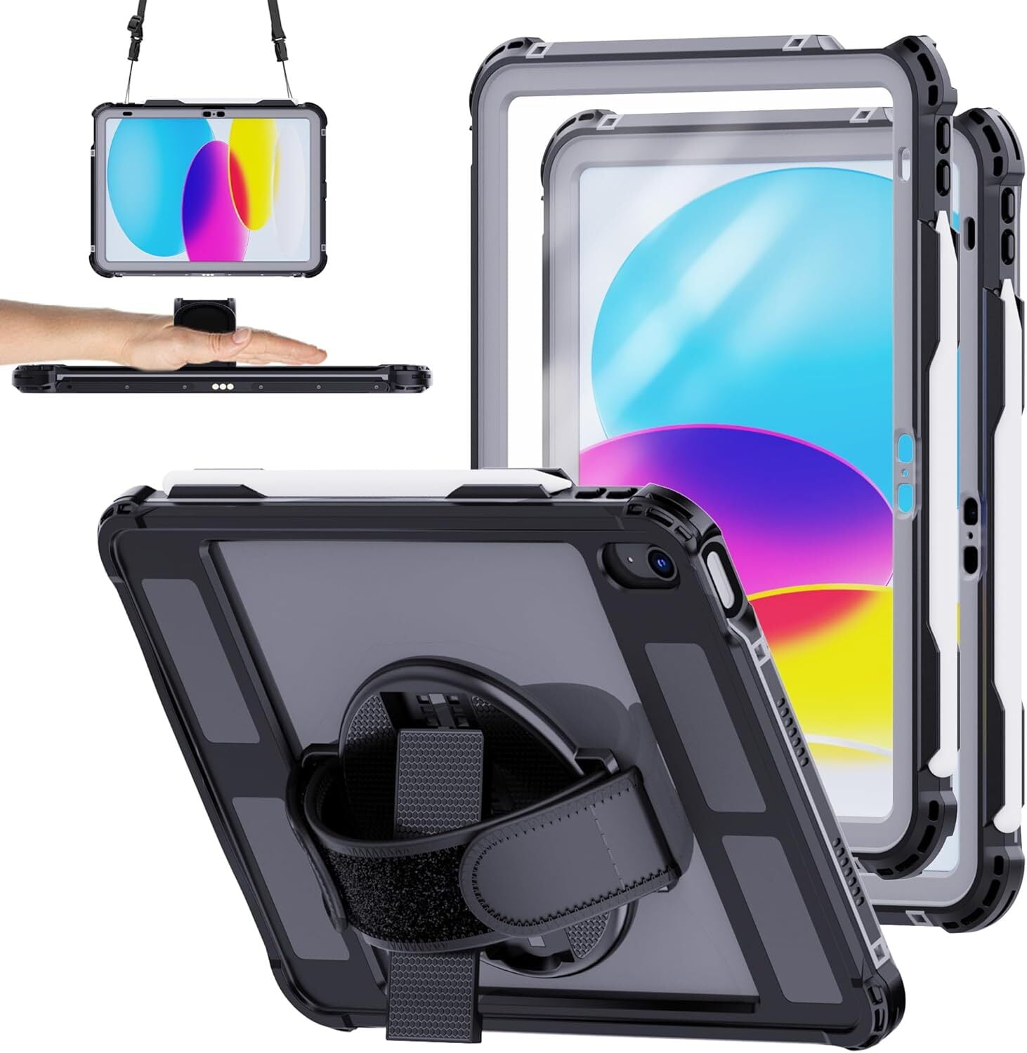 AICase Waterproof Case for iPad(A16) 11th Generation 11 inch 2025 Case with Screen Protector with Pencil Holder & Stand & Shoulder Strap & Handle Full-Body Rugged Cover Black