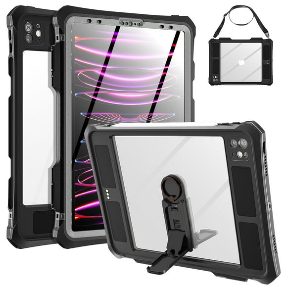 AICase For iPad Pro 11 Case - Black Waterproof Case for iPad Pro 11 Inch 2020 2021 2022 New Clear Full Body Protection Bumper Case Shockproof Dustproof with Ring Stand Strap Built in Pen Holder