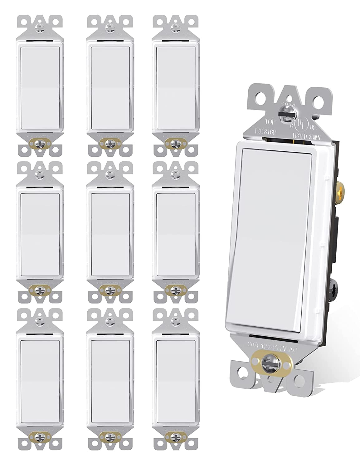 AIDA 3 Way Rocker Decorator Paddle Light Switch, Single Pole or Three Way, 3 Wire, Self-Grounding Screw, Residential Grade, 15A, UL Listed, Quick Push-in & Side Wired, White (10 Pack)