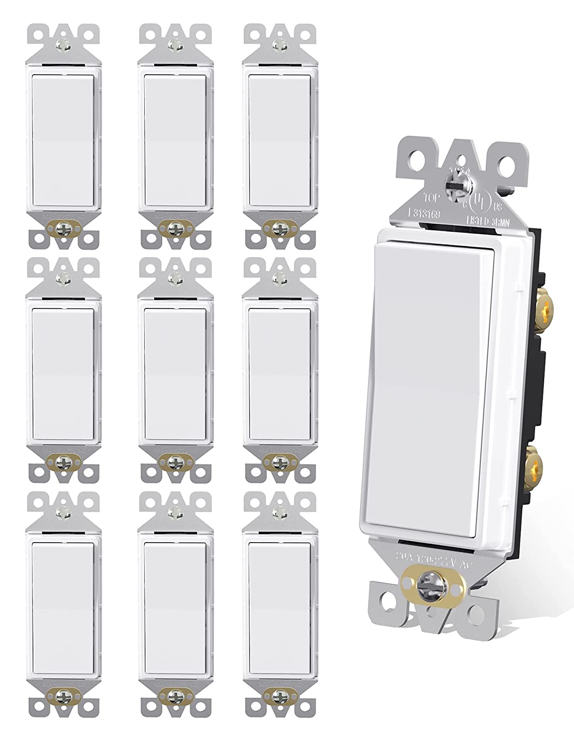 AIDA Single Pole Rocker Decora Light Switch, Self-Grounding, Quick Push-in & Side Wired, Residential Grade, 15A/120V, UL Listed (White, 10 Pack)